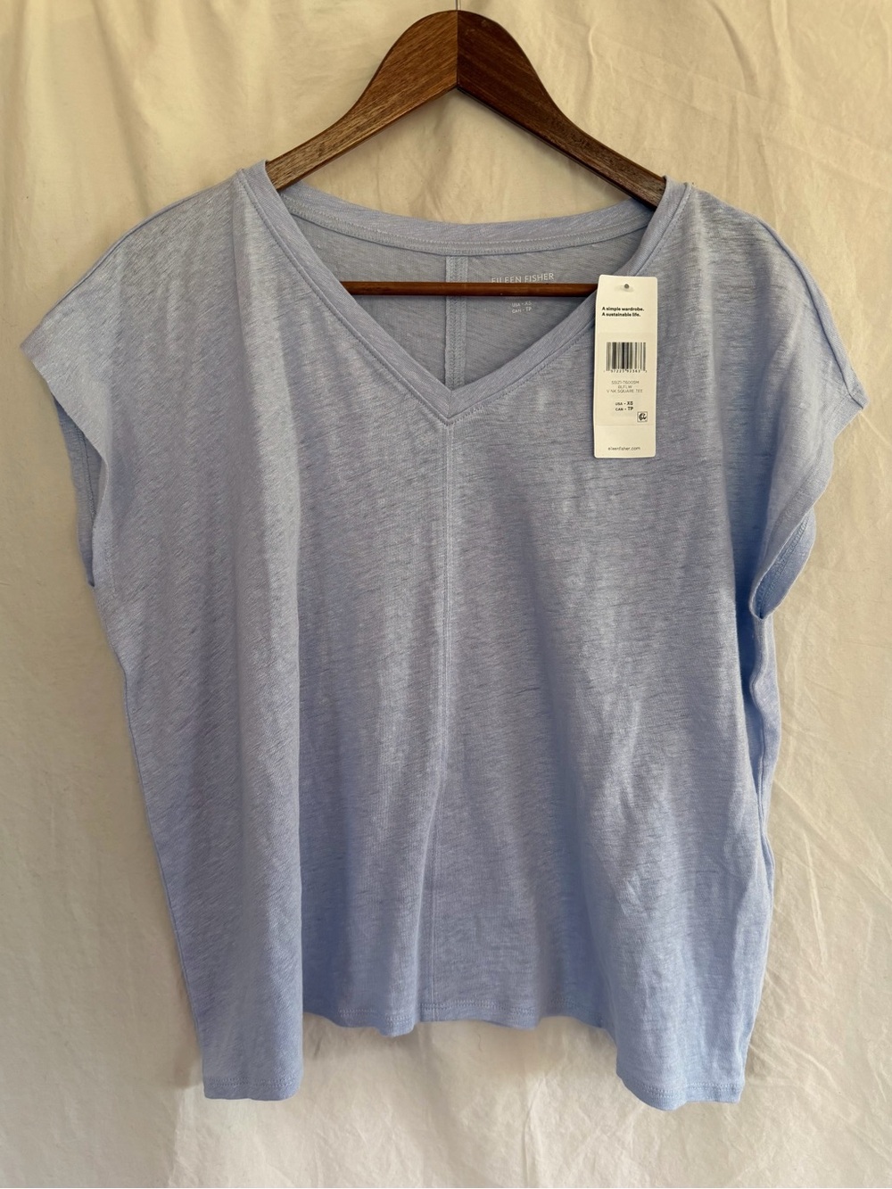 Eileen Fisher Organic Linen V-Neck Boxy Blue Top XS NWT